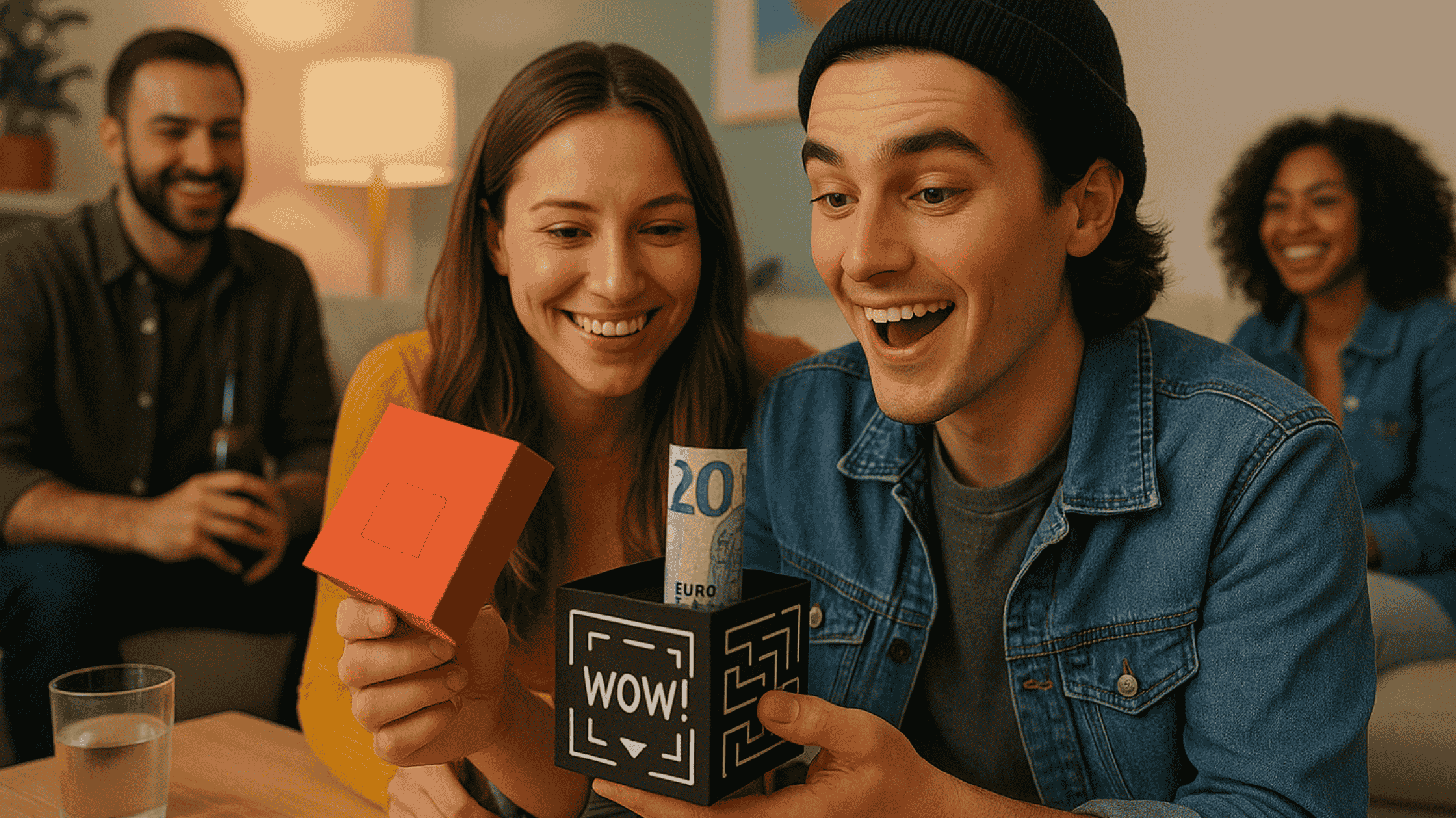 Junger Mann öffnet überrascht eine Geschenkbox mit Rätsel und entdeckt einen Geldschein – kreative Geldgeschenkidee von Surprisa