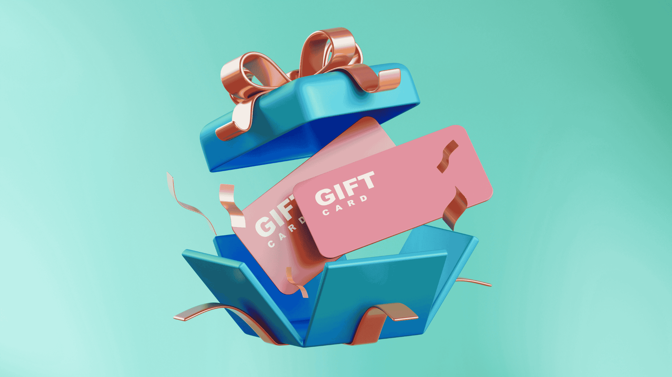Illustration einer blauen Geschenkbox die sich explosionsartig öffnet im Inneren befinden sich zwei Gutscheinkarten