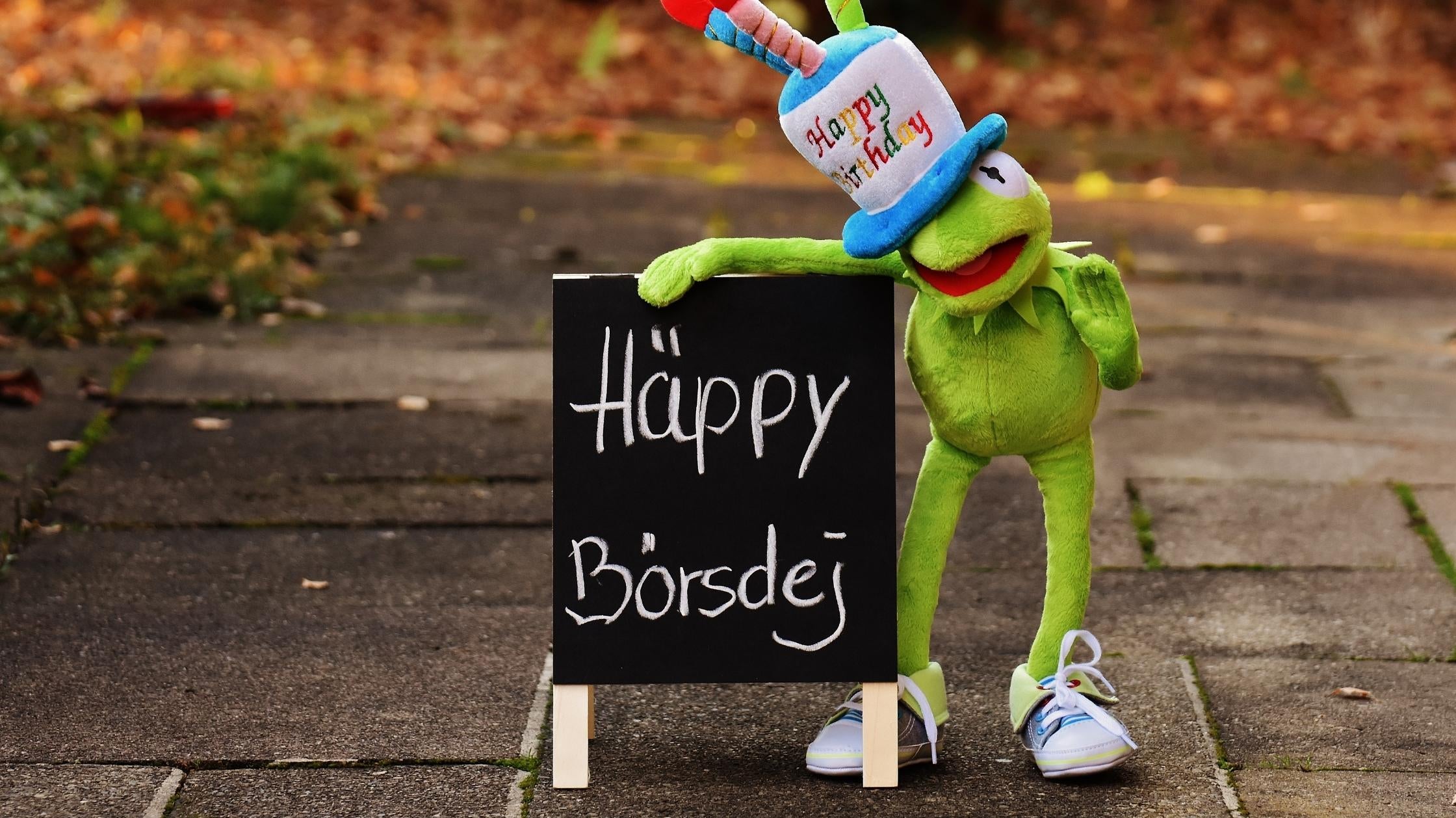 Plüsch-Kermit mit Geburtstagstorten-Hut und Häppy Börsdej Schild – originelle und lustige Geschenkidee zum Geburtstag
