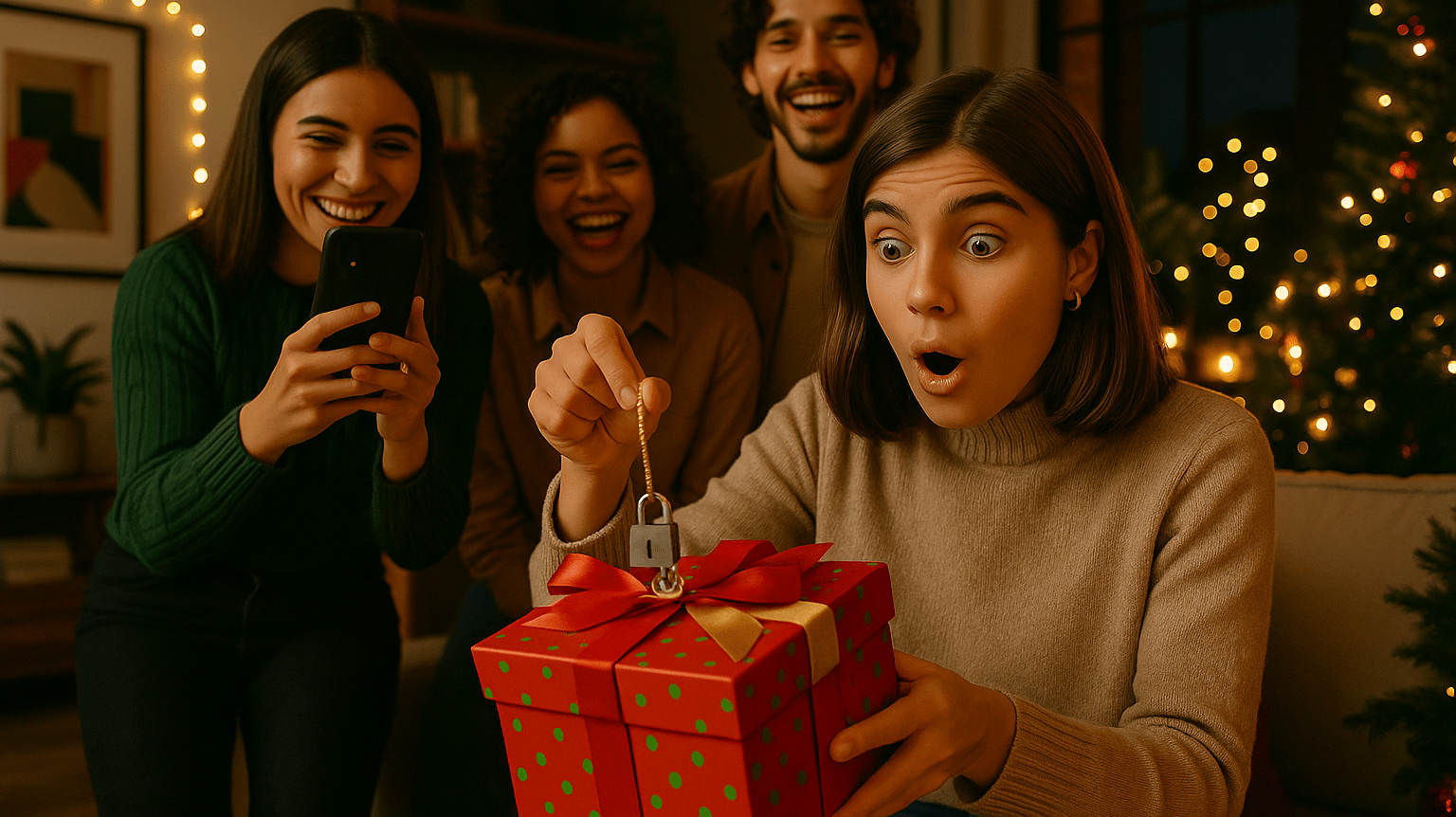 Emotionale Szene: Frau öffnet liebevoll verpacktes Geschenk – Auspackmoment mit Herz, wie von Surprisa beschrieben