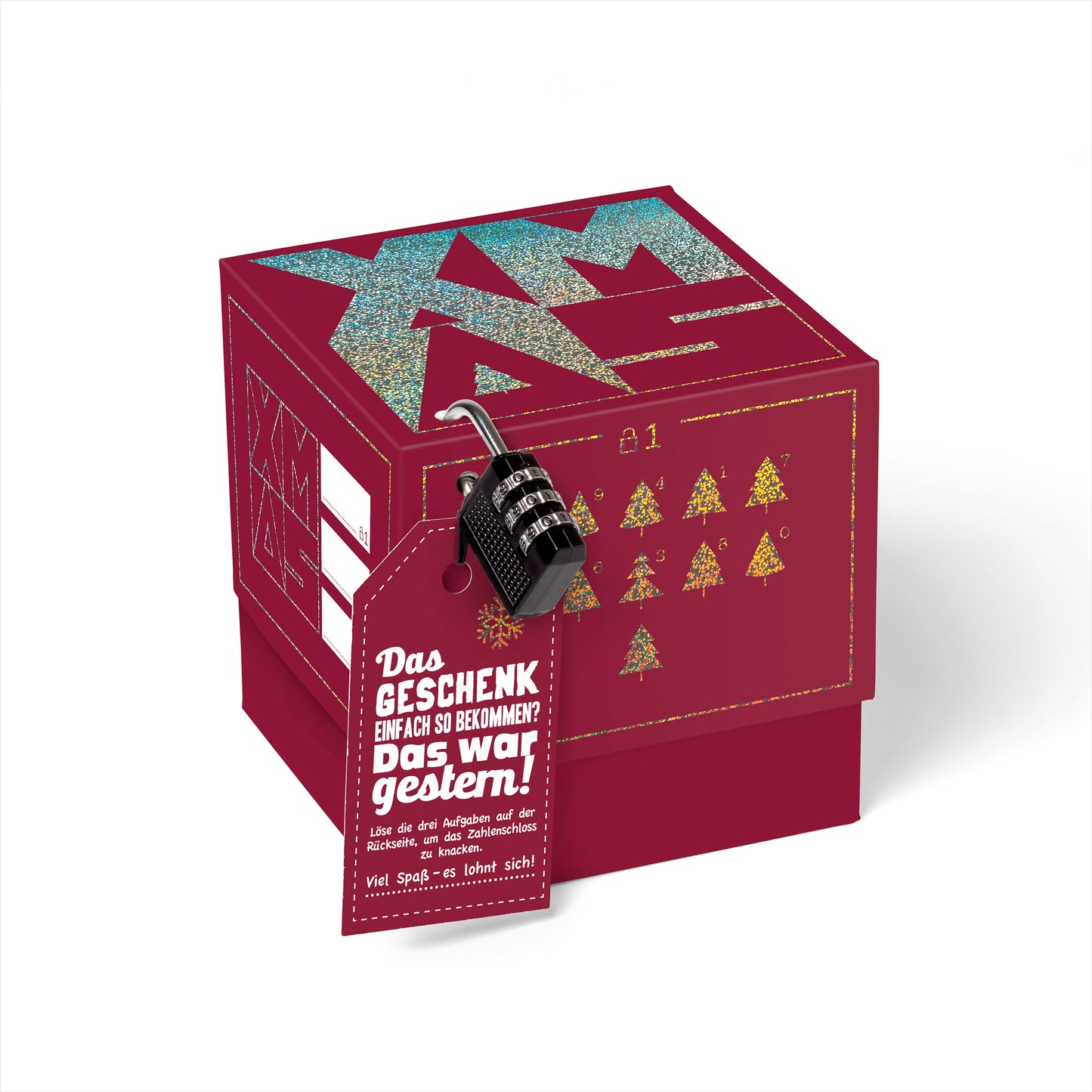 Rätselfaltbox XMAS mit Glitter-Veredelung in rot , verschiedene Größen