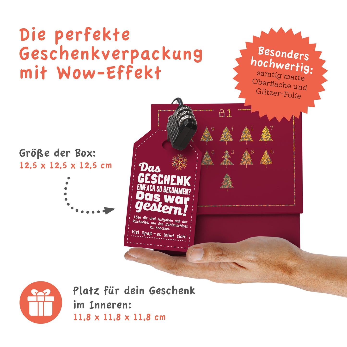 Rätselfaltbox XMAS mit Glitter-Veredelung in rot , verschiedene Größen