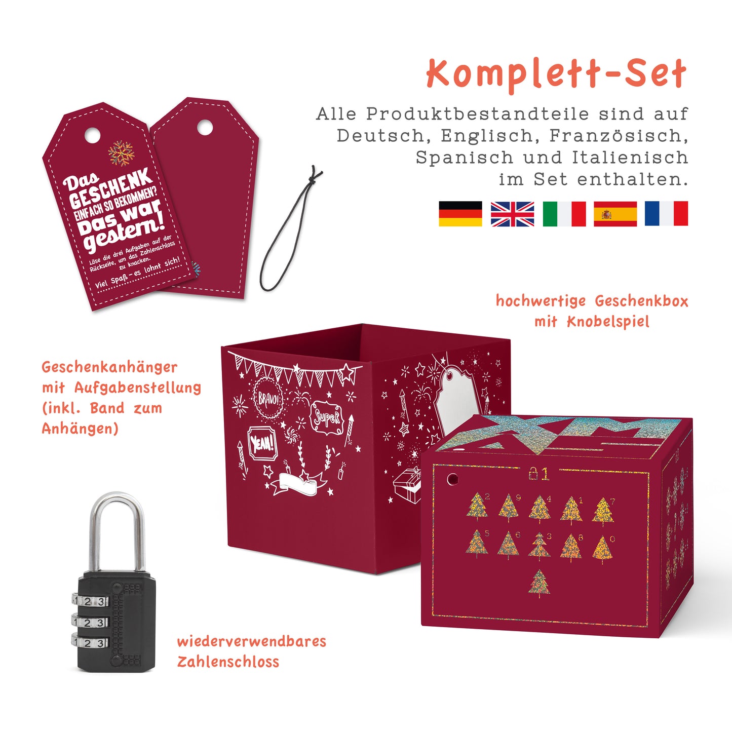 Rätselfaltbox XMAS mit Glitter-Veredelung in rot , verschiedene Größen