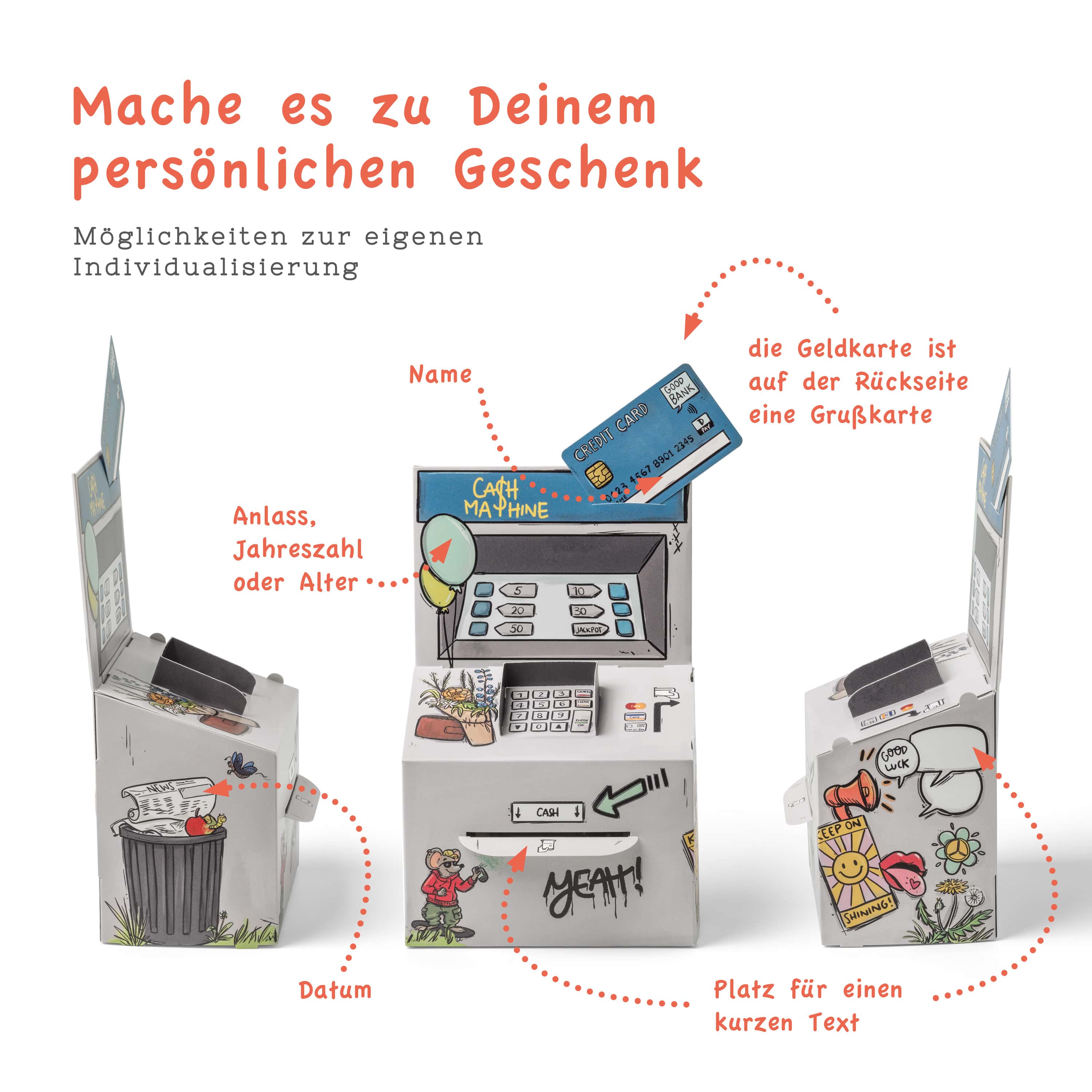 Individualisierungsmöglichkeiten der Geld-O-Mat City Geschenkbox, z. B. Personalisierung