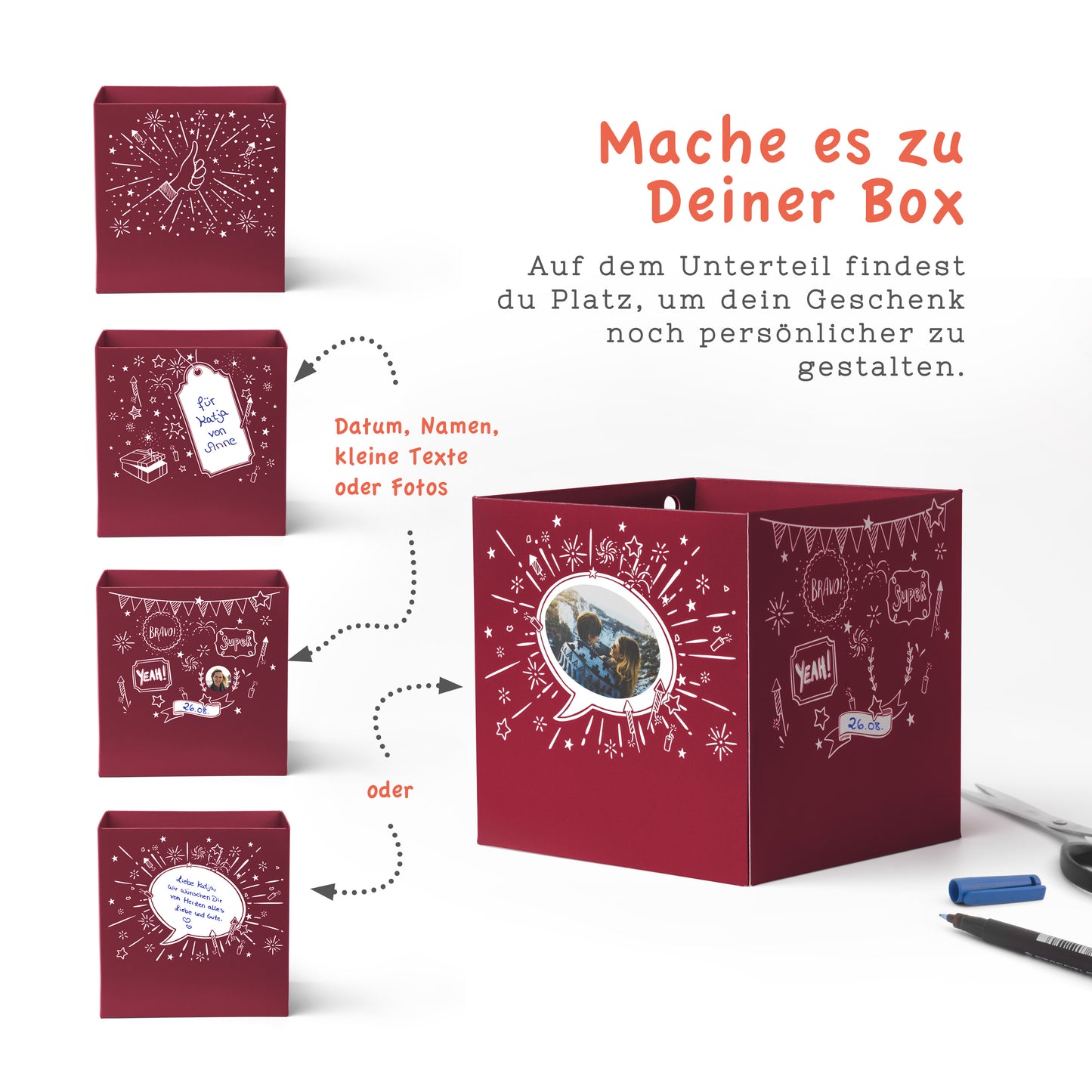 Rätselfaltbox XMAS mit Glitter-Veredelung in rot , verschiedene Größen