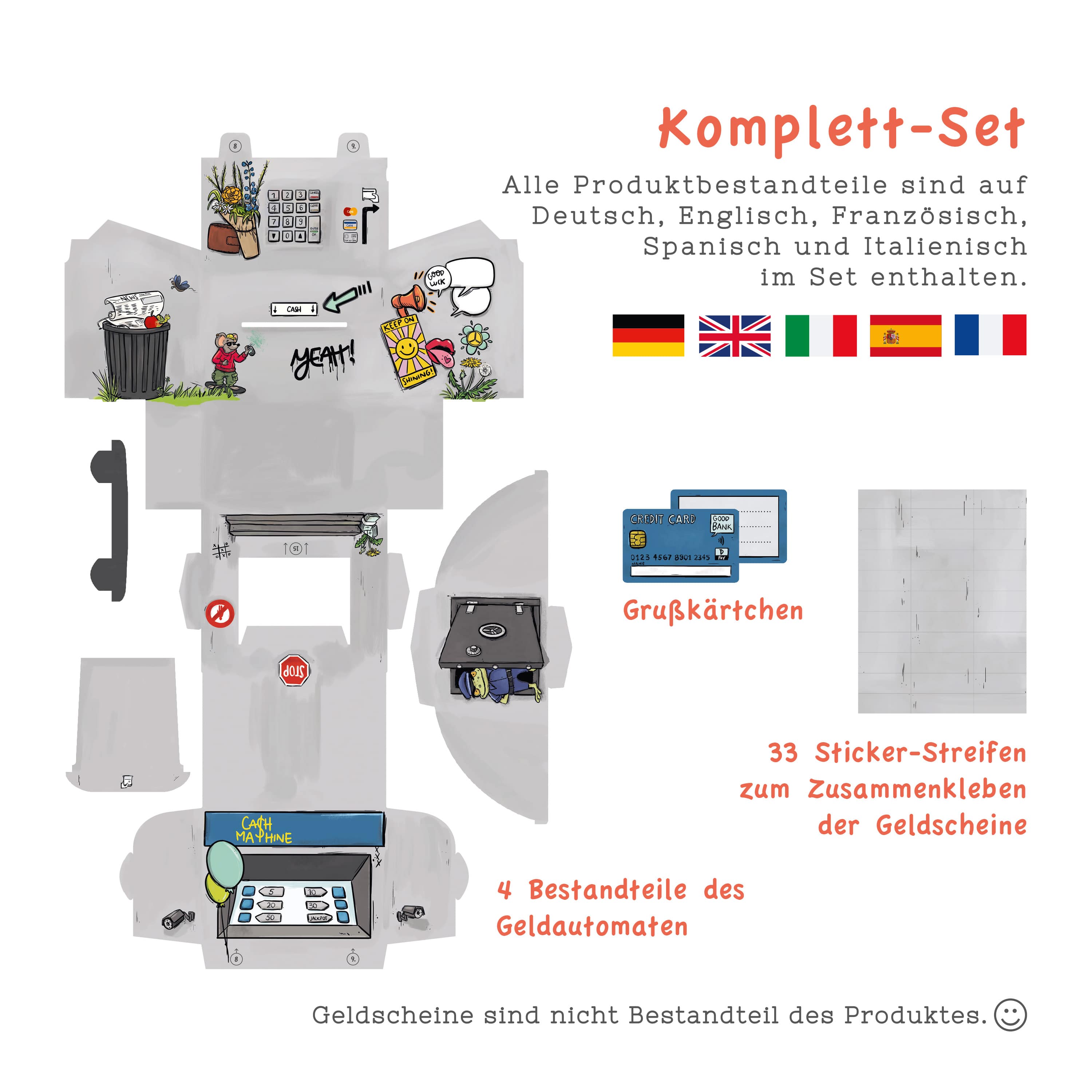 Bestandteile des Geld-O-Mat City Komplettsets mit allen enthaltenen Elementen