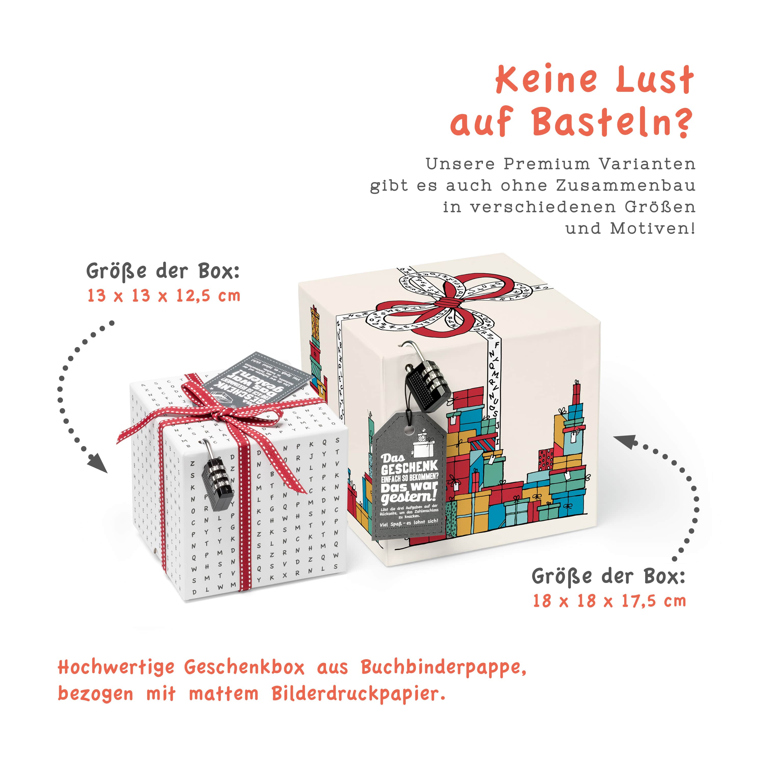 Hinweis auf die Premium-Variante der Rätsel-Geschenkboxen mit praktischem Stülpdeckel