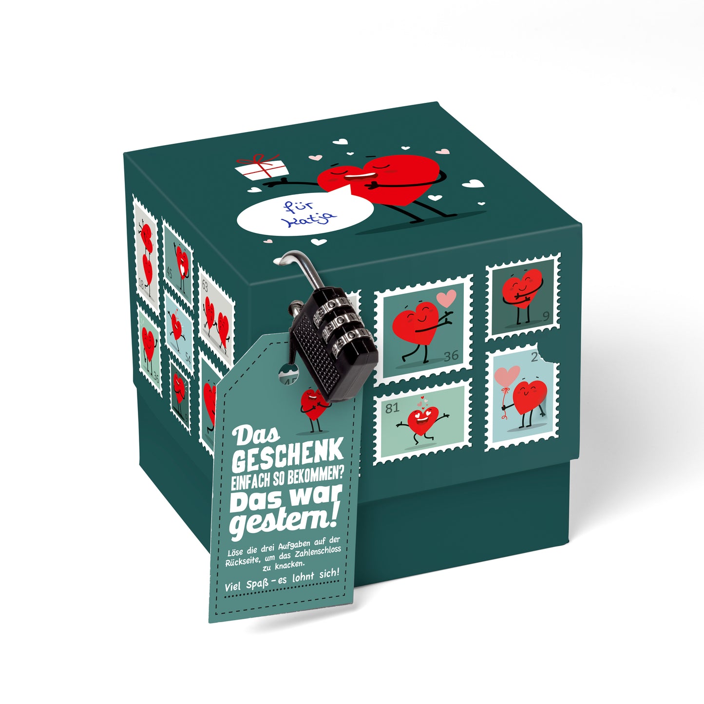 Geschenkbox Liebe „Briefmarken“ – romantische Rätselbox mit Schloss