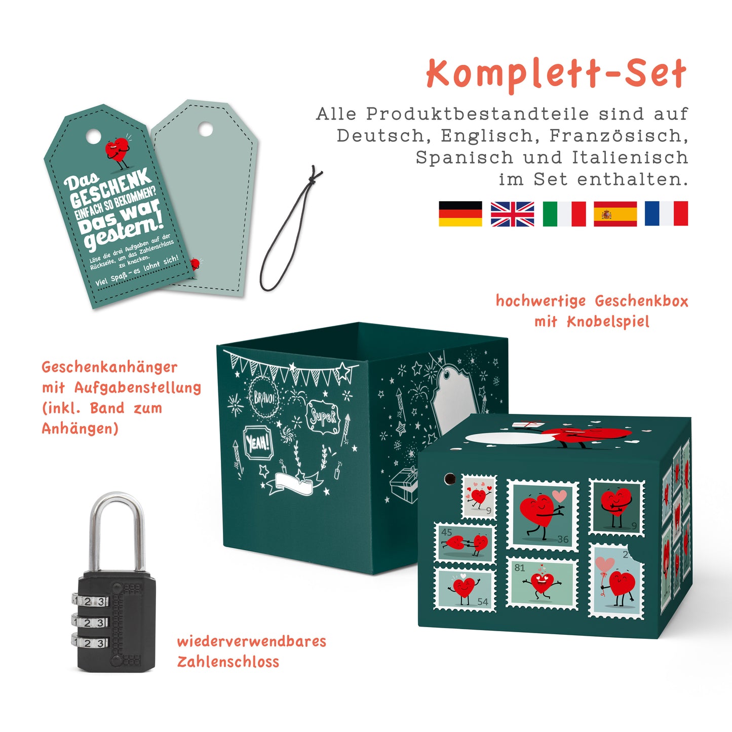 Geschenkbox Liebe „Briefmarken“ – romantische Rätselbox mit Schloss