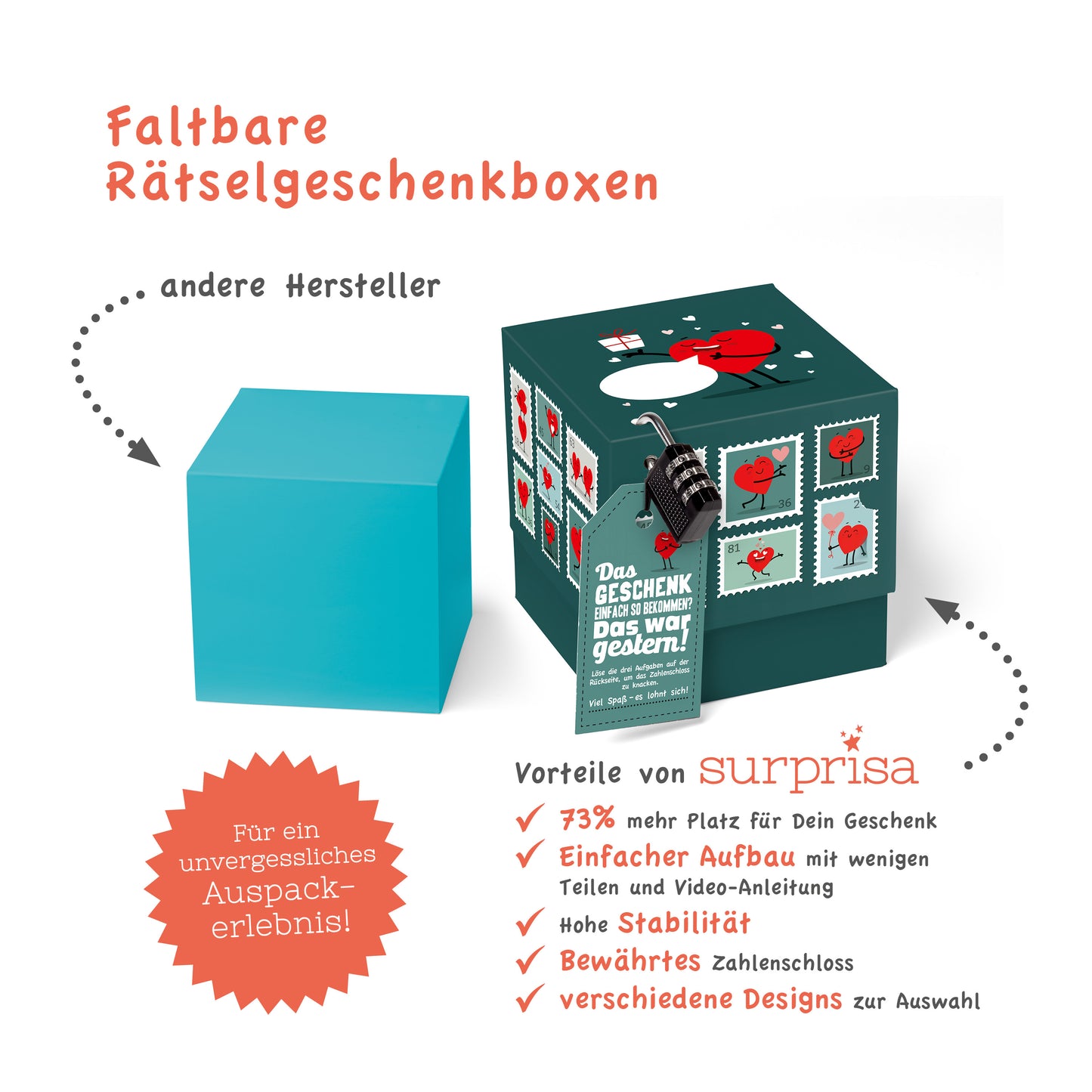 Geschenkbox Liebe „Briefmarken“ – romantische Rätselbox mit Schloss