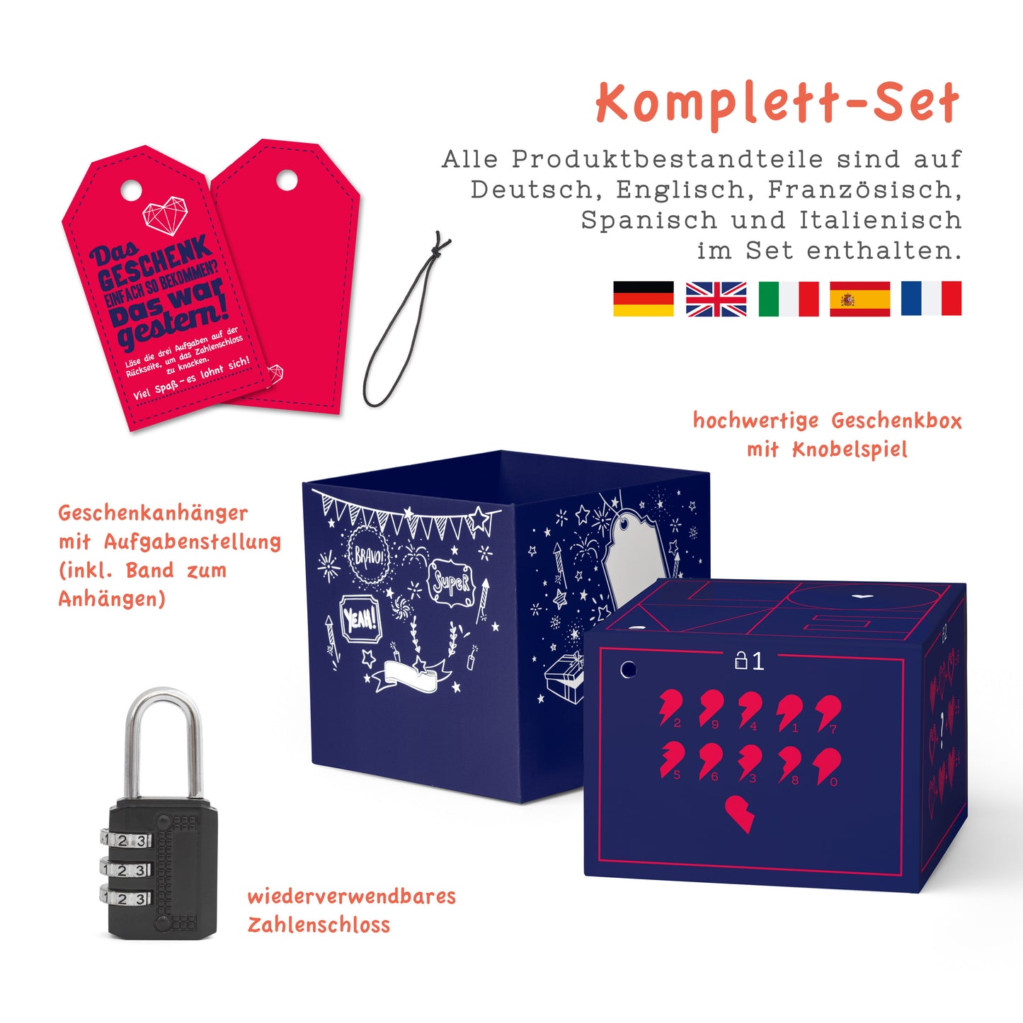 Geschenkbox Liebe „Samt & Herz“ – edle Rätselbox mit Zahlenschloss (Blau)