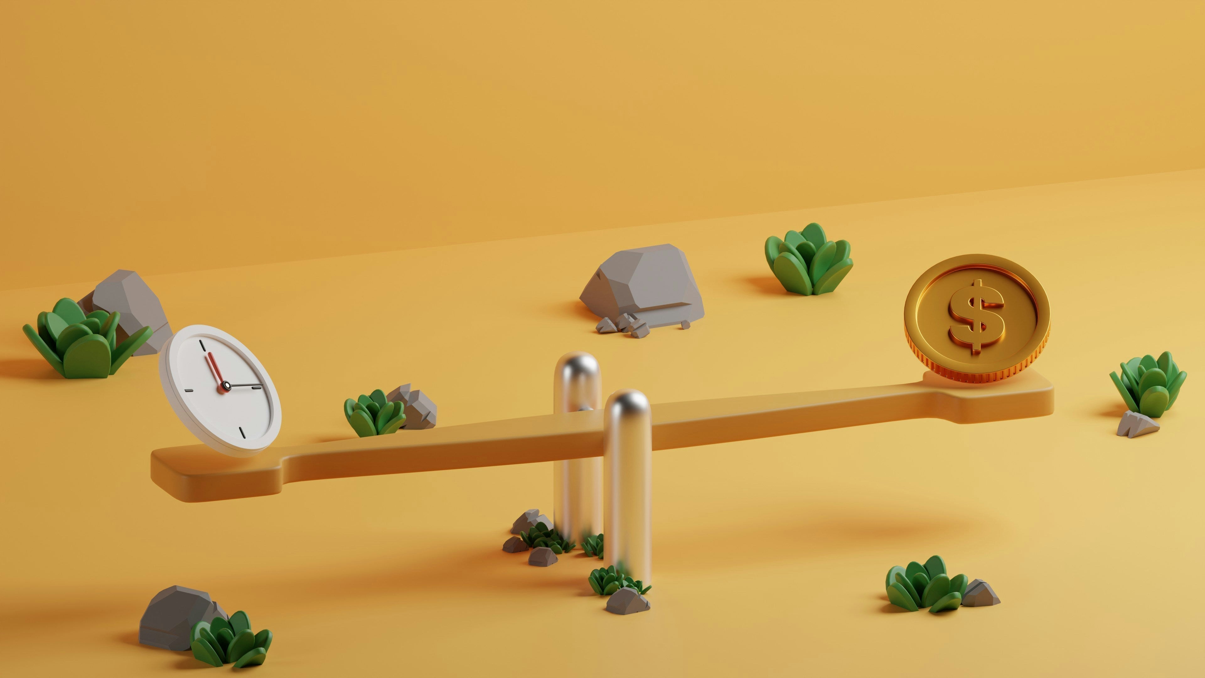 SURPRISA Blog Artikel DIY oder fertig, was eine gute Geschenkverpackung wirklich ausmacht zeigt eine Wippe auf der einen Seite eine Uhr und auf der anderen Seite eine Geldmünze vor gelben wüstenartiken Hintergrund digitales Bild 3D Rendering