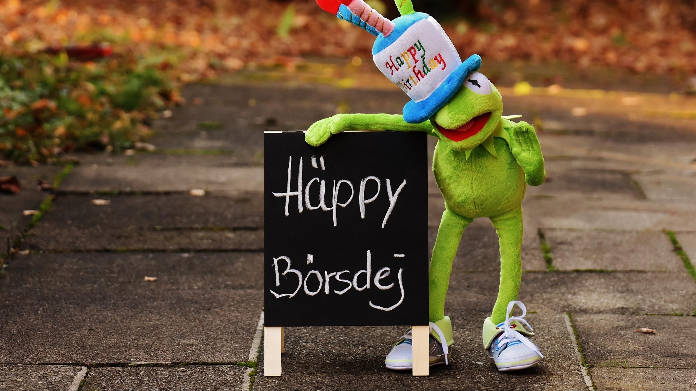 Plüsch-Kermit mit Geburtstagstorten-Hut und Häppy Börsdej Schild – originelle und lustige Geschenkidee zum Geburtstag