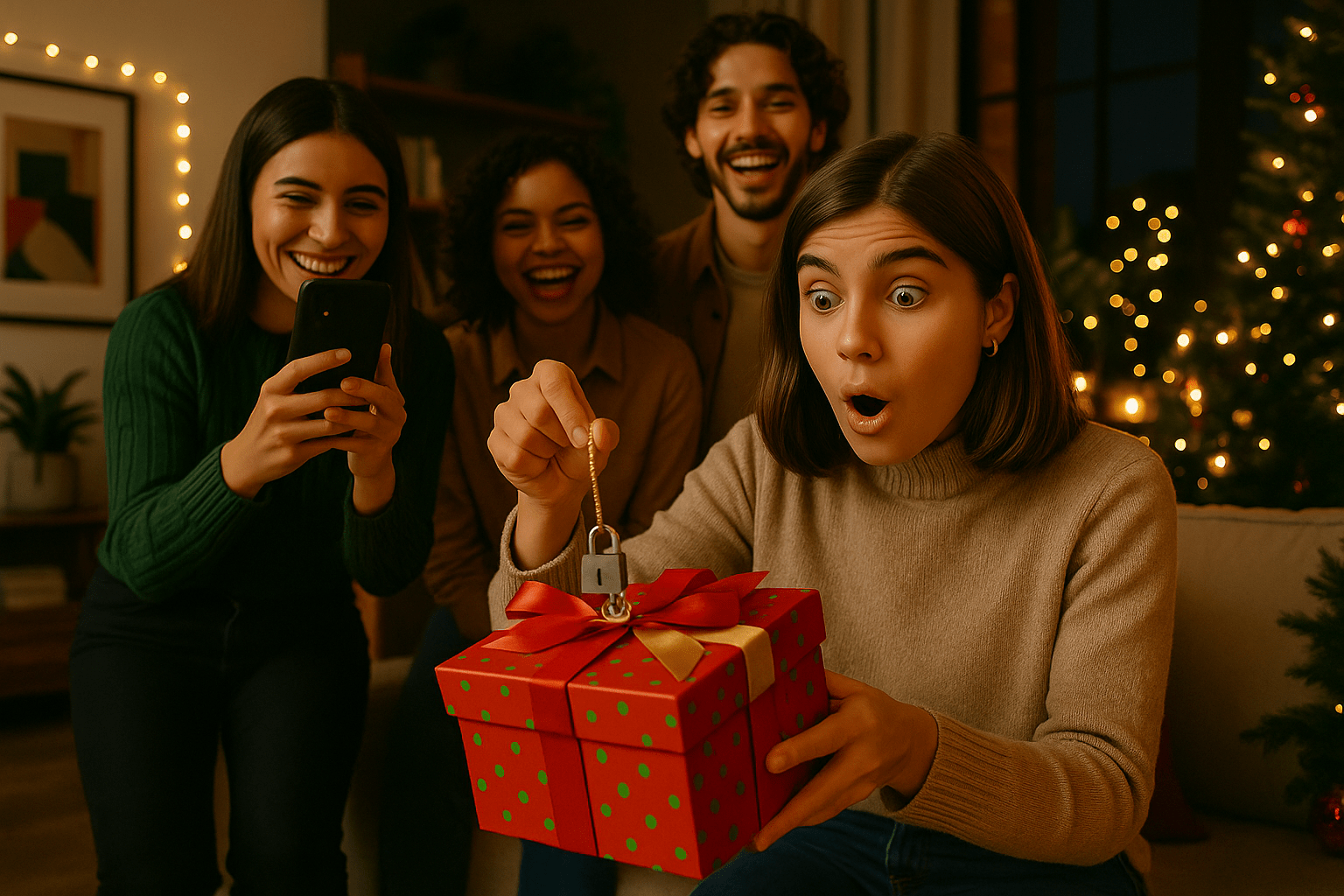 Emotionale Szene: Frau öffnet liebevoll verpacktes Geschenk – Auspackmoment mit Herz, wie von Surprisa beschrieben