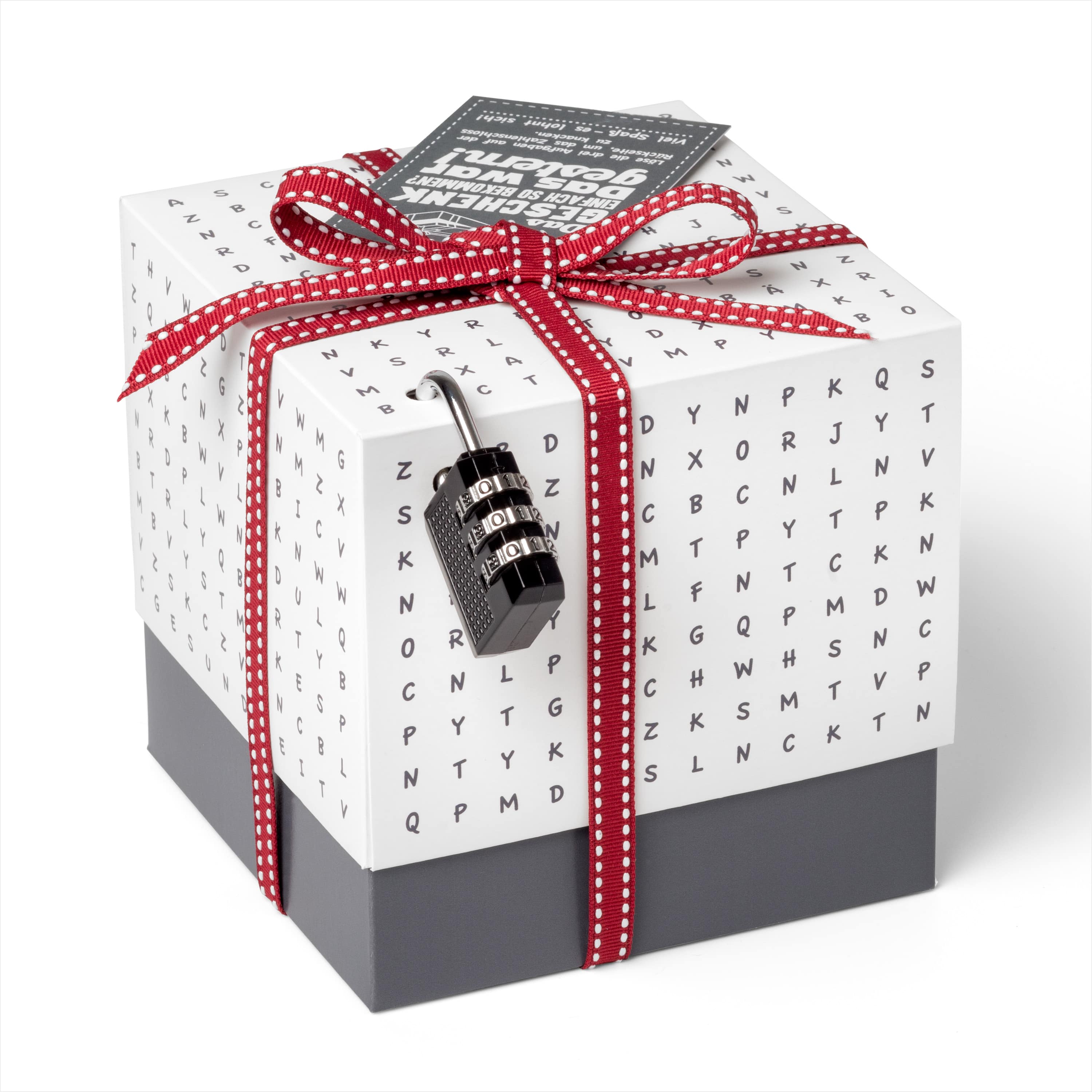 Hauptansicht der Rätsel-Faltbox Buchstaben als kreative Verpackung für Geldgeschenke