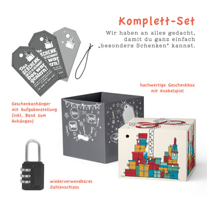 Rätselfaltbox Geschenke, 12,5 cm, farbig