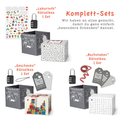 Geschenkboxen 3er Set: Buchstaben-, Labyrinth- und Geschenke-Rätsel