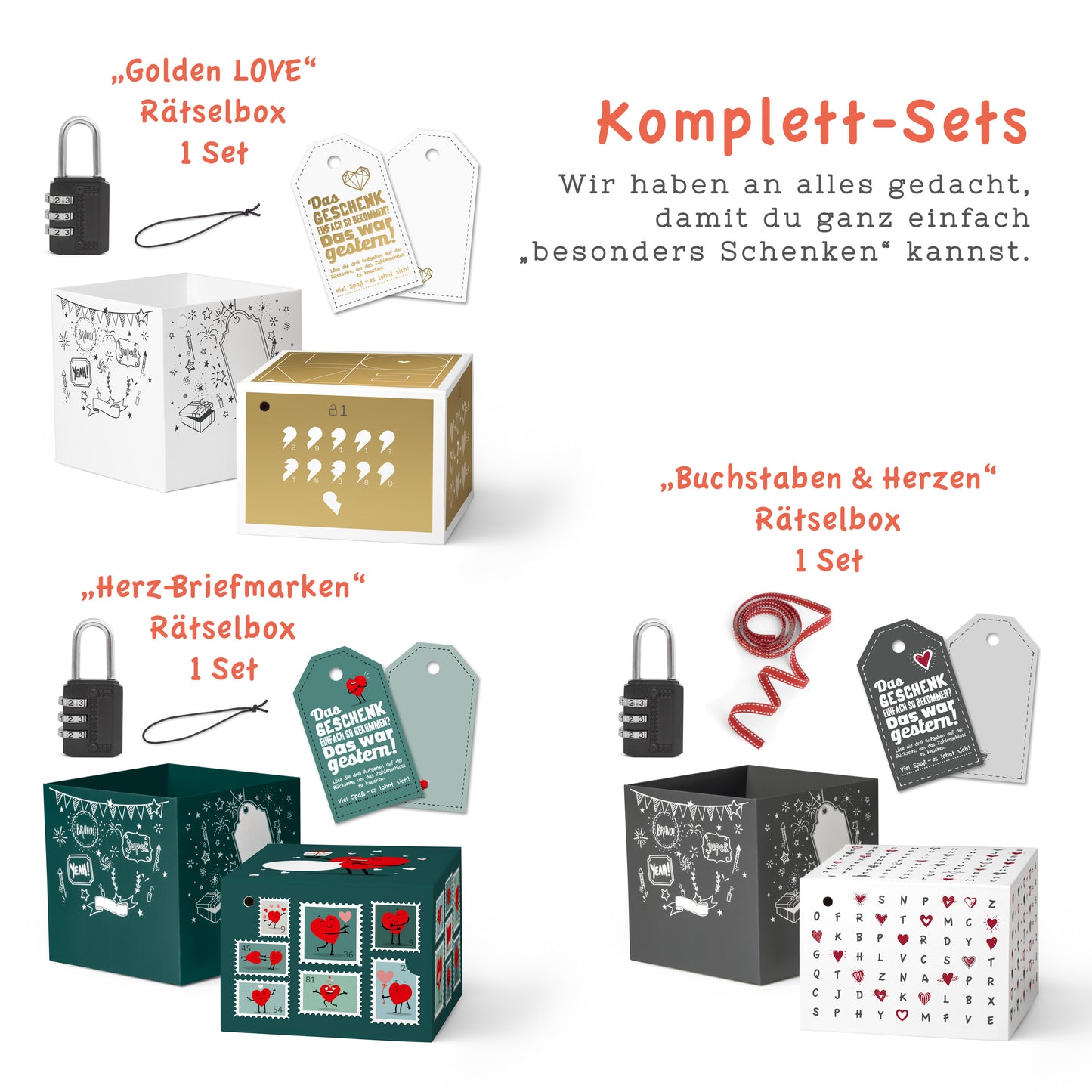 Geschenkboxen 3er Set: Briefmarkenrätsel, Herzrätsel & Liebesrätsel