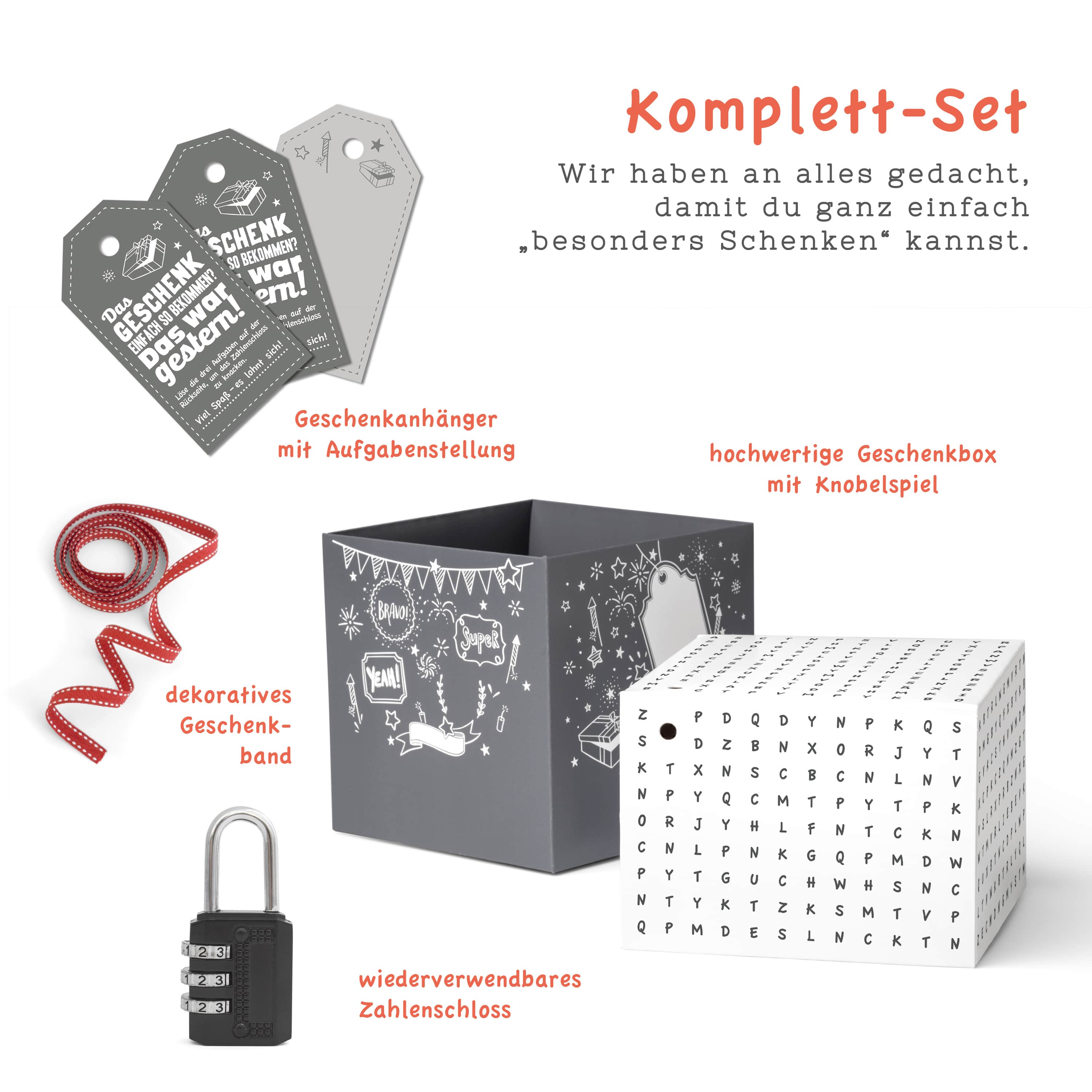 Komplettset der Rätsel-Faltbox Buchstaben mit allen enthaltenen Bestandteilen auf einen Blick