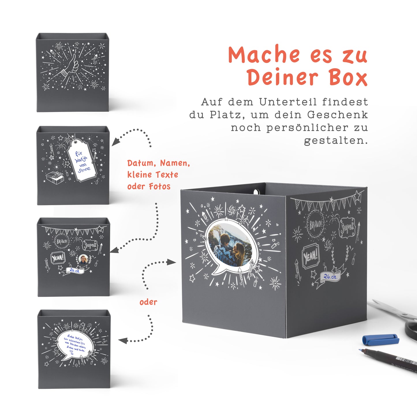 Rätselfaltbox Geschenke, 12,5 cm, farbig